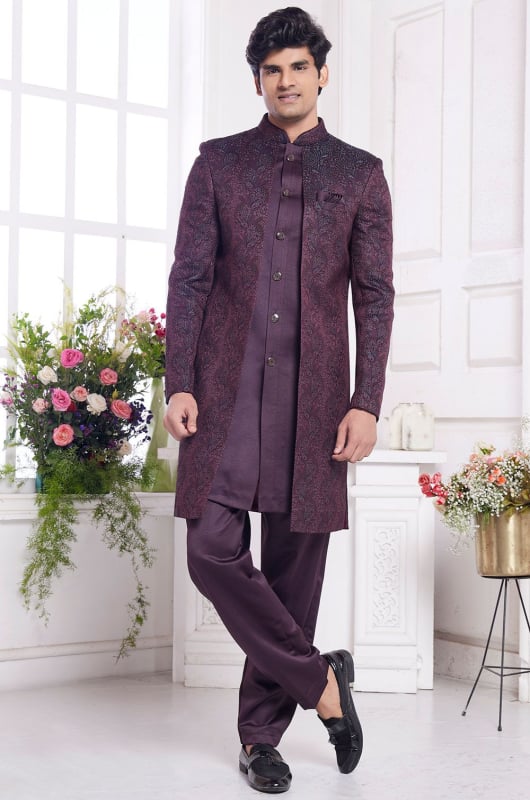 Burgundy Jacquard Art Silk IndoWestern