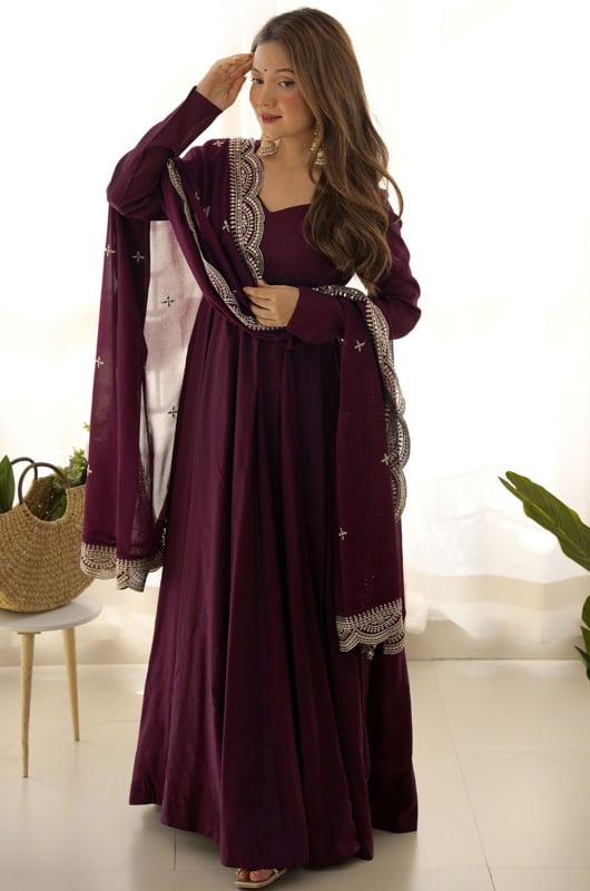 Burgundy Roman Silk Chanderi Readymade Flared Anarkali Suit
