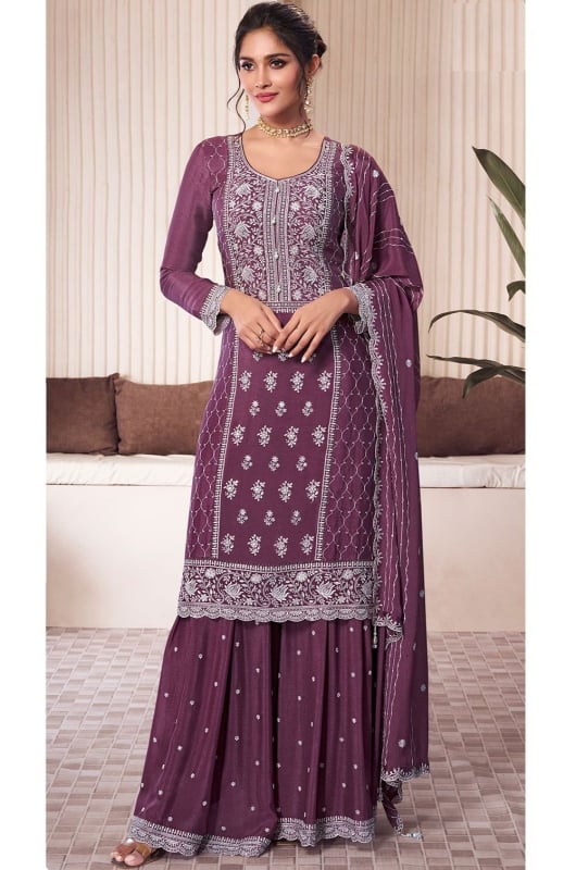 Burgundy Thread Embroidered Chinnon Palazzo Kameez