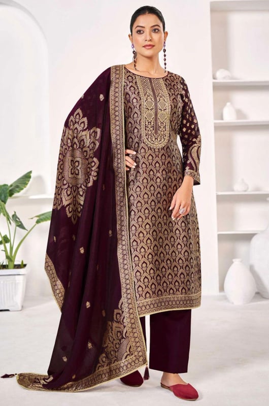 Burgundy Woven Pure Silk Pant Kameez