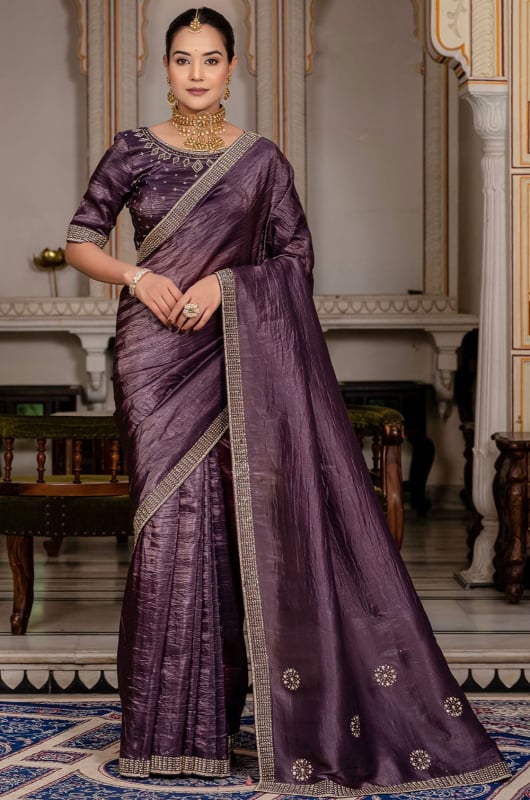 Burgundy Zarkan Embellished Saree for Wedding