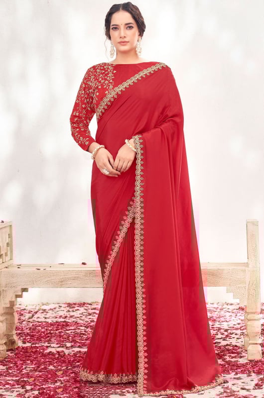 Candy Red Embroidered Crepe Satin Silk Saree