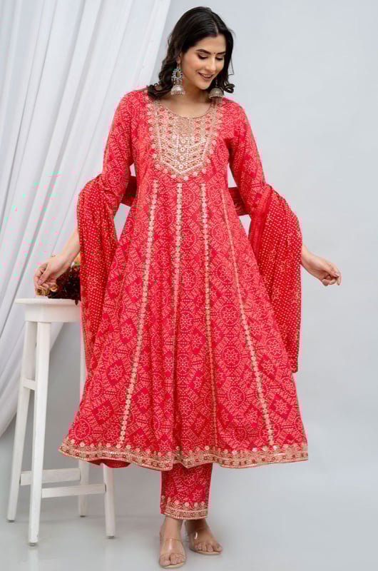 Candy Red Rayon Cotton Readymade Anarkali Suit