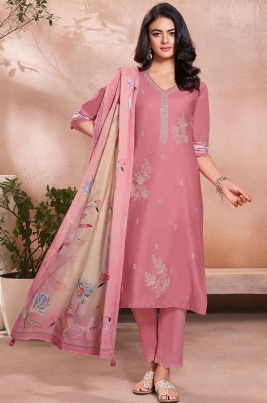 Carnation Pink Embroidered Cotton Readymade Pant Kameez