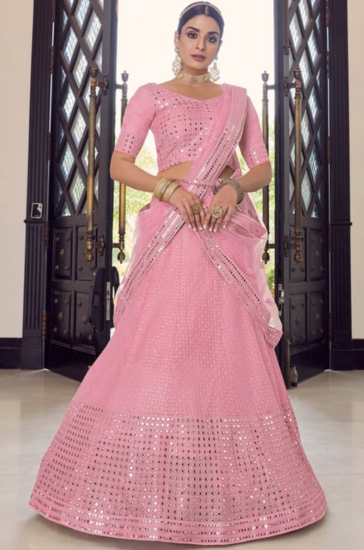 Carnation Pink Embroidered Organza Lehenga Choli for Wedding