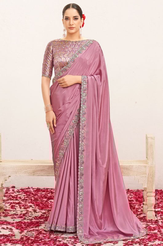 Carnation Pink Embroidered Pure Crepe Silk Saree