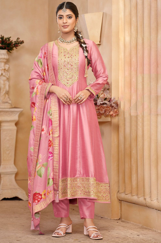 Buy Carnation Pink Embroidered Silk Anarkali Dress for Festival Online