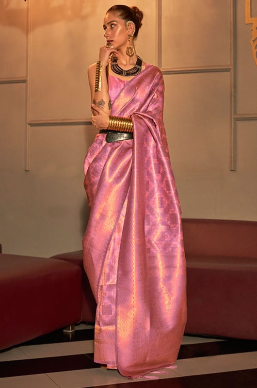 Carnation Pink Handloom Weaving Silk Saree