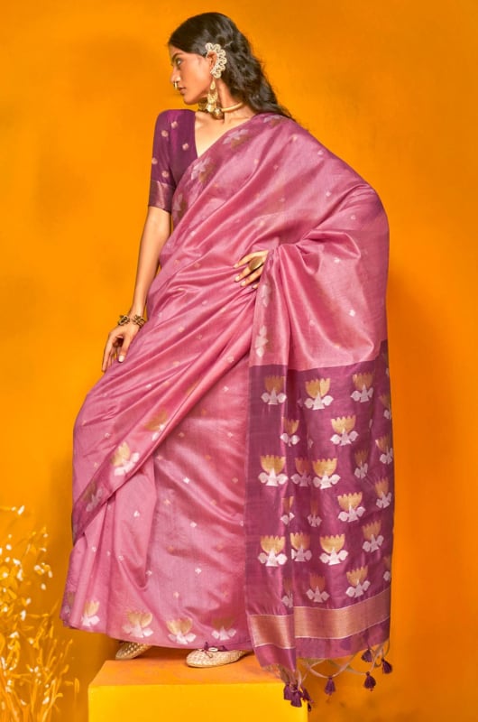 Carnation Pink Handloom Weaving Tussar Silk Saree