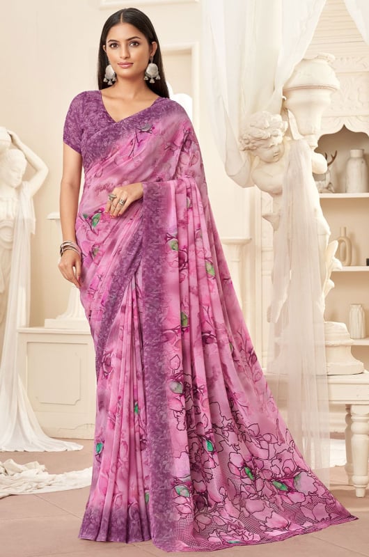 Carnation Pink Printed Georgette Casual Wear Saree