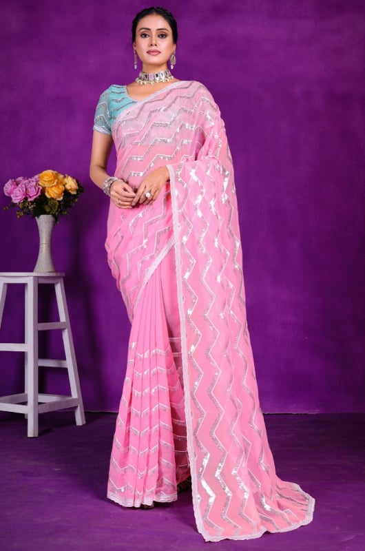 Carnation Pink Sequins Embroidered Shimmer Saree