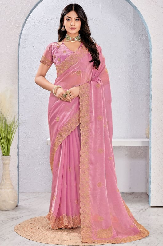 Carnation Pink Zari Embroidered Fendi Silk Saree