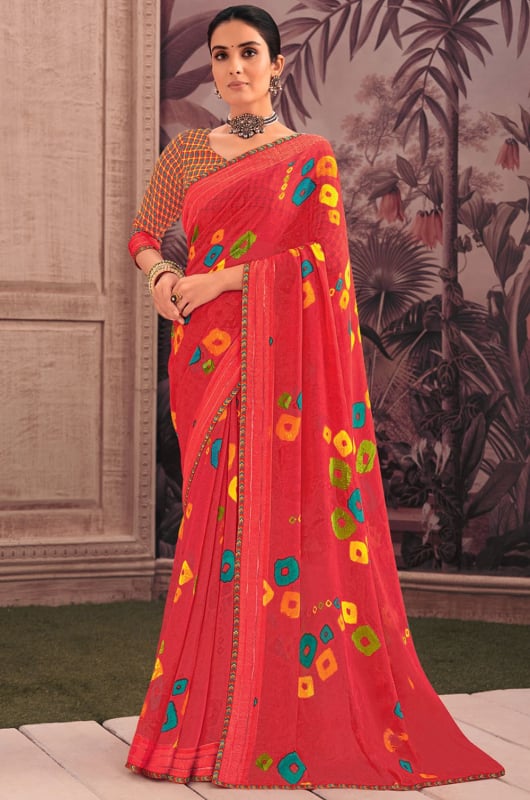 Carrot Red Printed Casual Georgette Saree