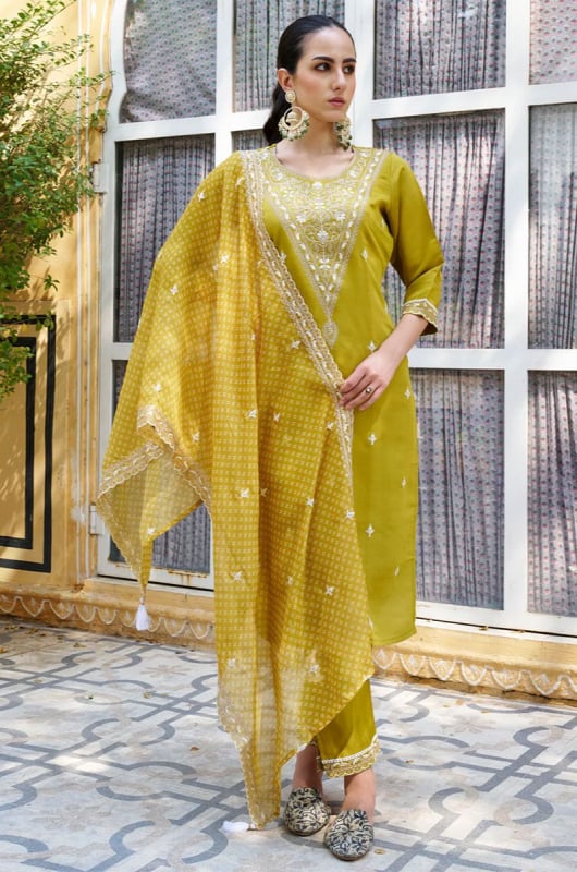 Chartreuse Green Embroidered Silk Blend Readymade Suit