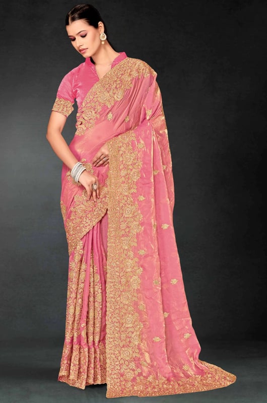 Cherry Pink Embroidered Fendi Silk Saree
