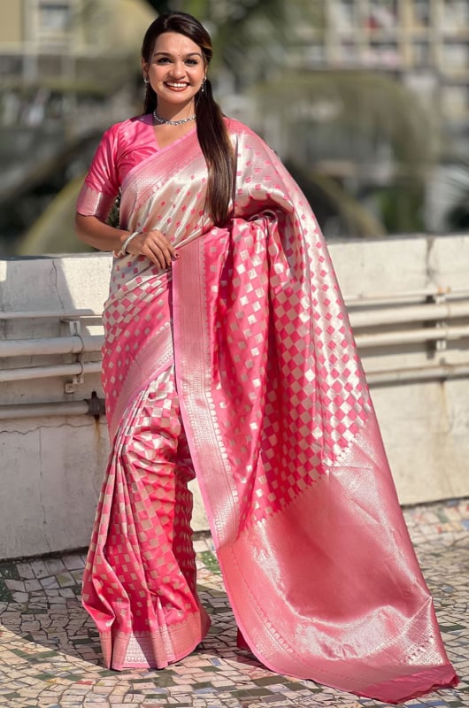 Cherry Pink Zari Woven Banarasi Silk Saree