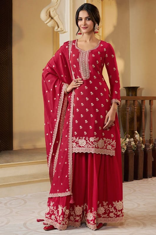 Cherry Red Embroidered Chinnon Readymade Palazzo Kameez