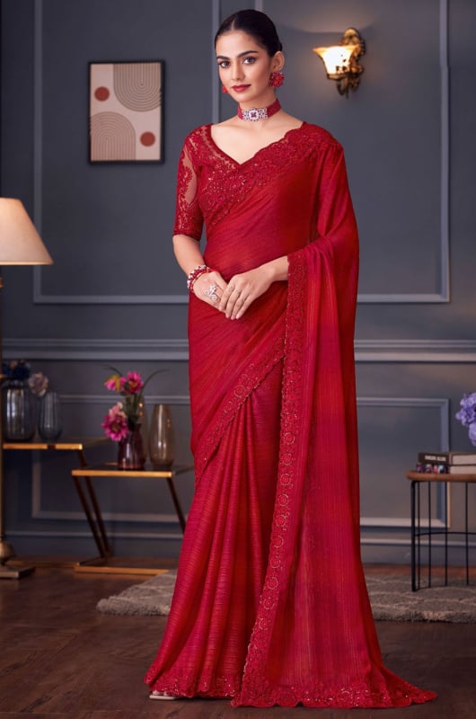 Cherry Red Embroidered Glitter Silk Designer Saree