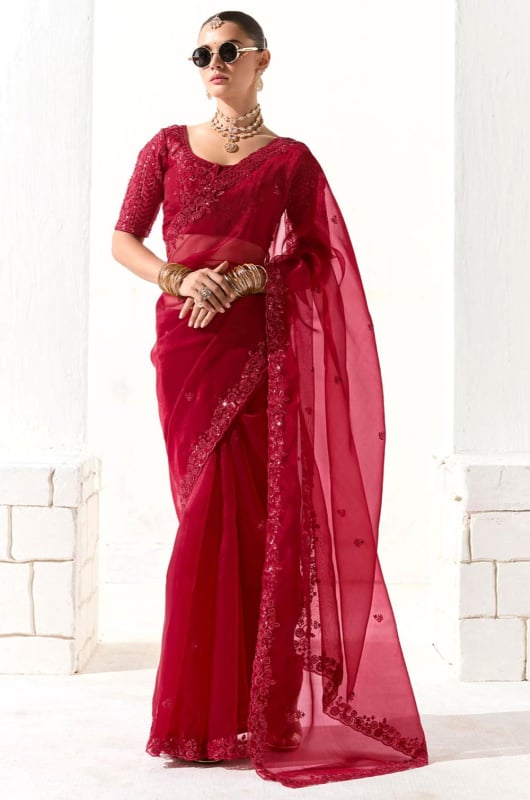 Cherry Red Embroidered Tissue Designer Saree