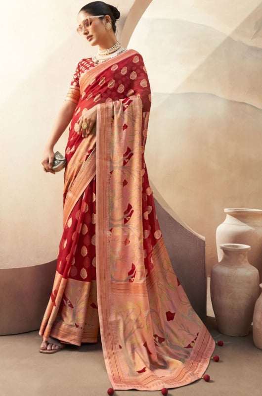 Cherry Red Viscose Georgette Saree for Wedding