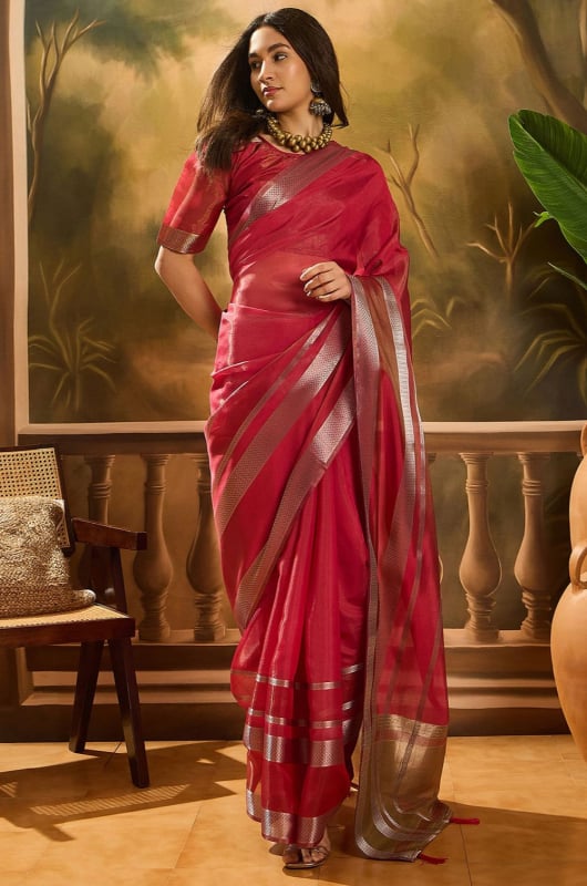 Cherry Red Woven Organza Saree