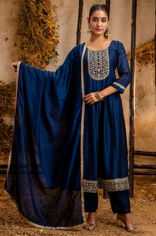 Cobalt Blue Silk Blend Readymade Pant Kameez