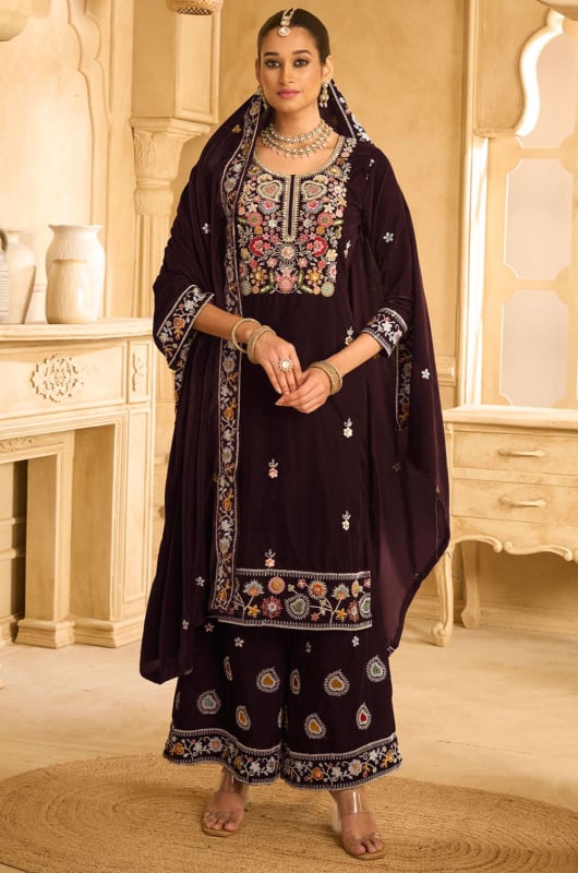 Coffee Brown Embroidered Velvet Palazzo Kameez