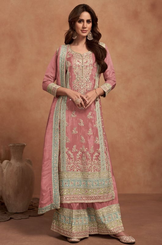 Coral Pink Embellished Shimmer Silk Palazzo Kameez