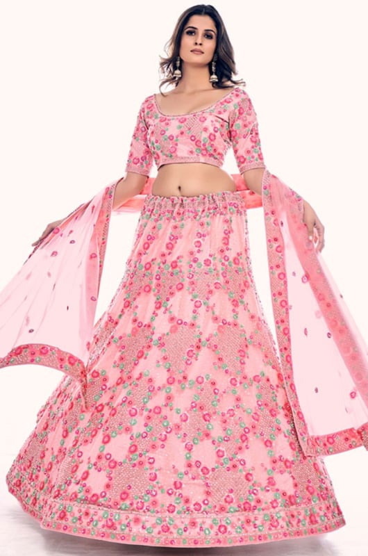 Coral Pink Embroidered Net Lehenga Choli Set for Wedding