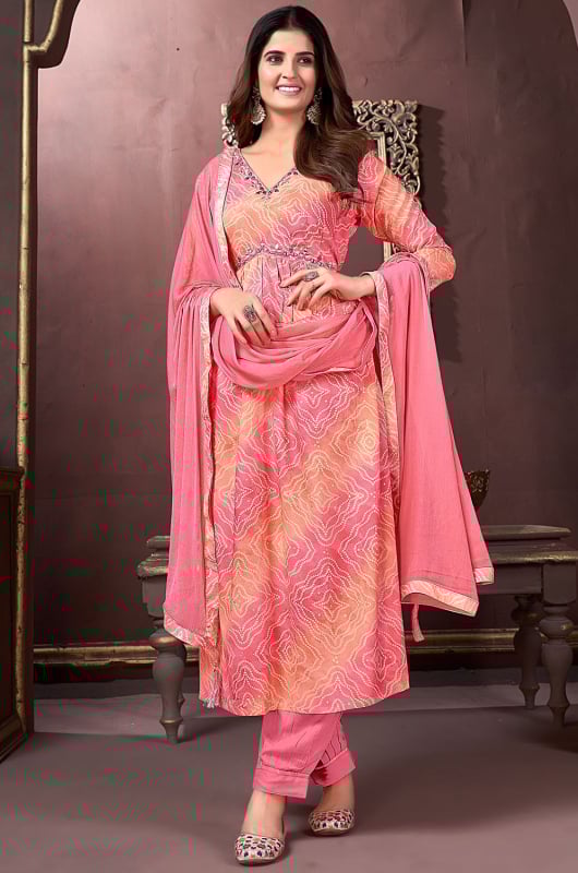 Coral Pink Rayon Readymade Pant Kameez Suit