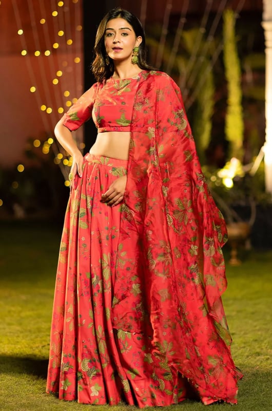 Coral Red Chinnon Readymade Plus Size Lehenga Choli