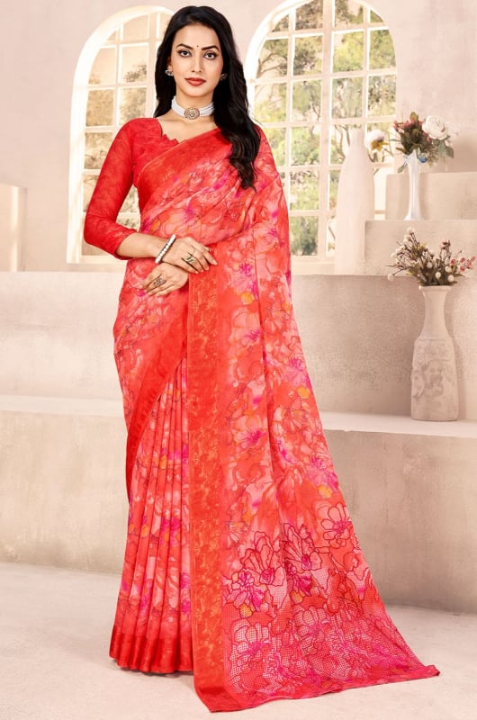 Coral Red Printed Chiffon Saree with Satin Border