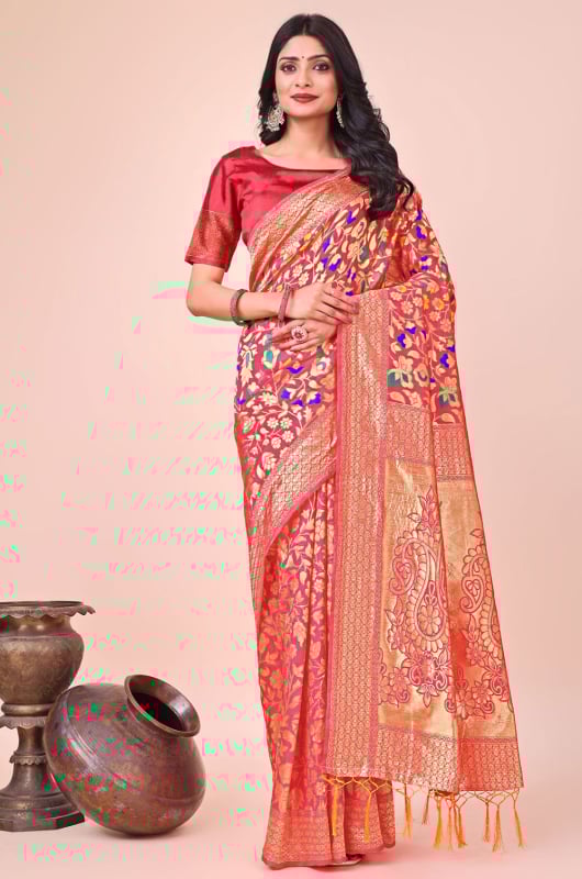 Coral Red Silk Woven Saree