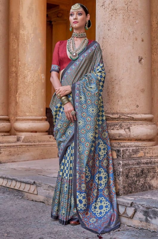 Cream and Blue Ajrakh Print Viscose Silk Saree