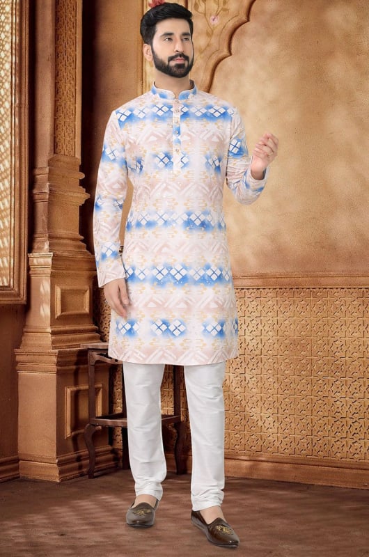 Cream Cotton Kurta Pyjama Set for Festival