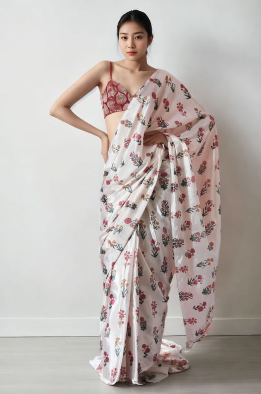 Cream Digital Printed Party Wear Saree