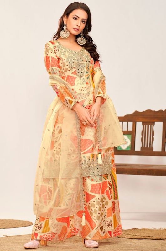 Cream Embellished Chinnon Palazzo Kameez