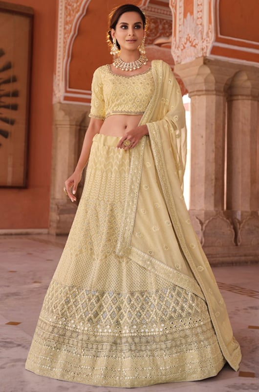 Cream Embroidered Georgette Designer Lehenga Set for Wedding