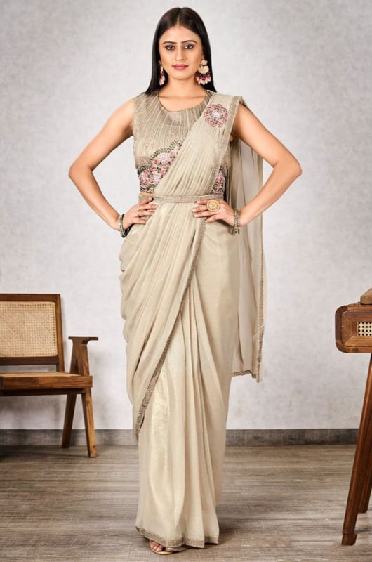 Cream Embroidered Shimmer Georgette Ready to Wear Saree