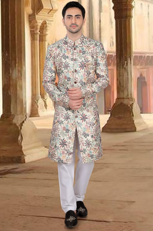 Cream Embroidered Silk Designer Sherwani