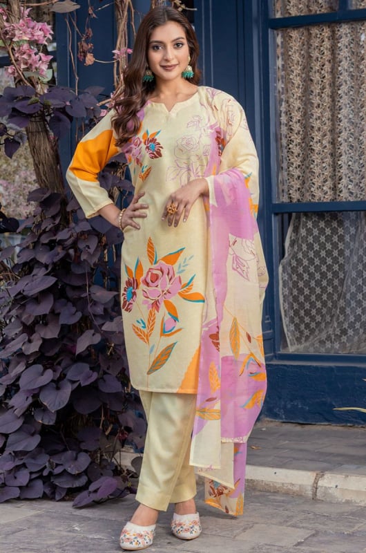 Cream Floral Print Cotton Blend Pant Kameez