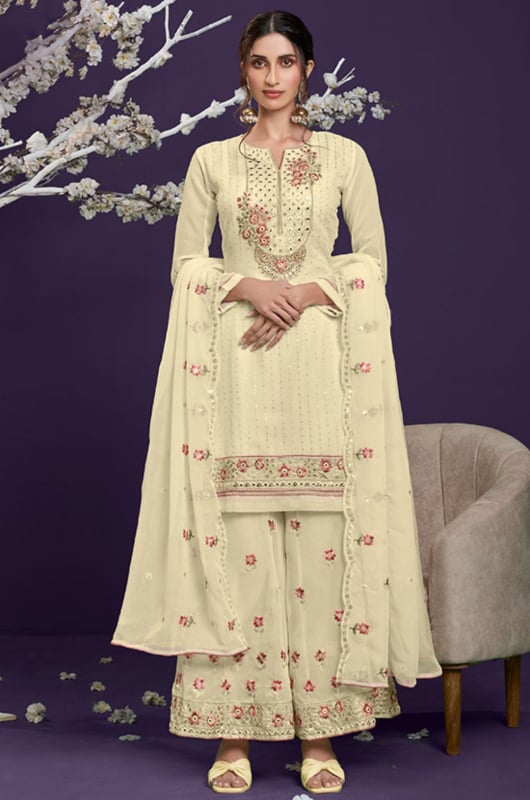 Cream Georgette Designer Palazzo Kameez Suit