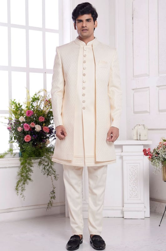 Cream Jacquard Art Silk IndoWestern