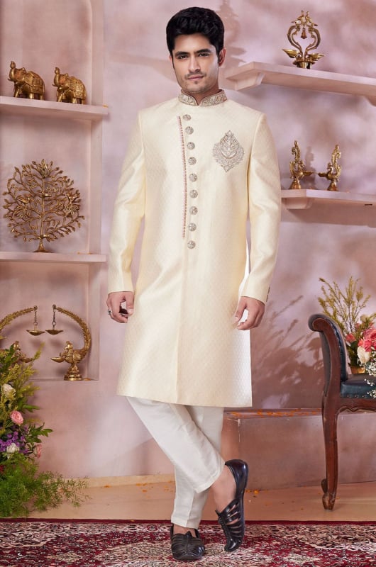 Cream Jacquard Banarasi Silk Designer Sherwani