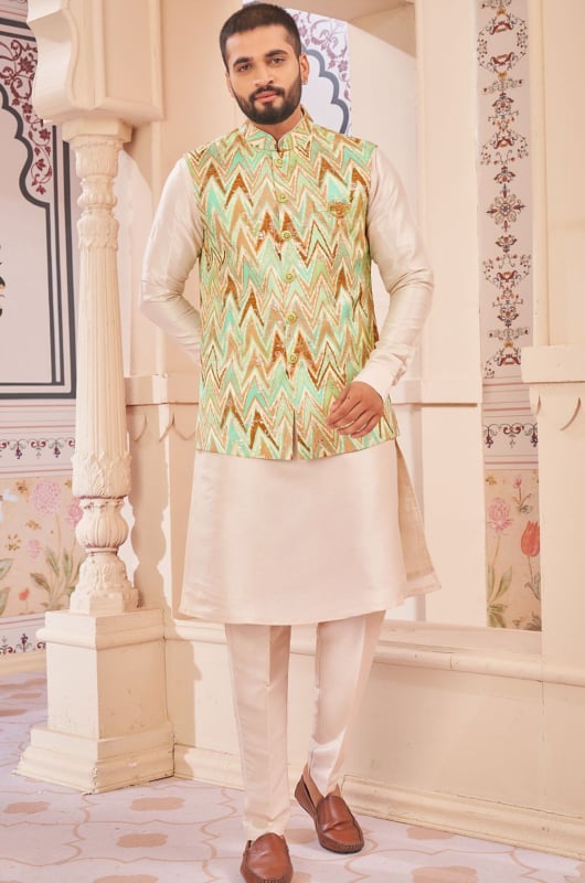 Cream Kurta with Pant and Jacket