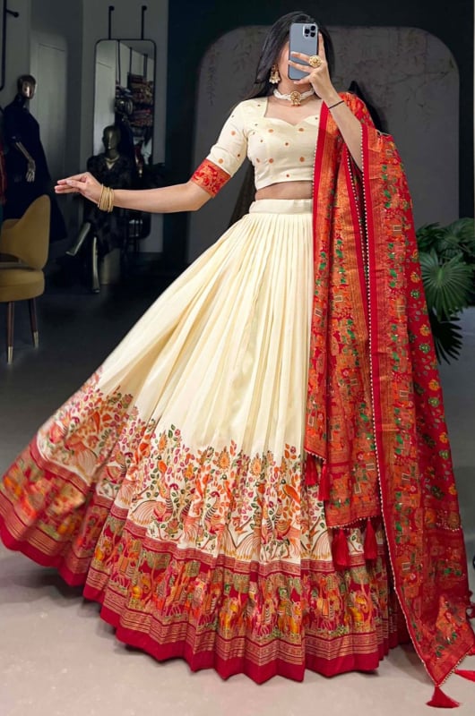 Cream Printed Tussar Silk Lehenga Choli