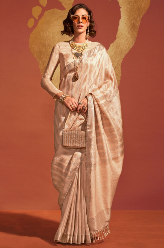 Cream Pure Viscose Handloom Weaving Saree