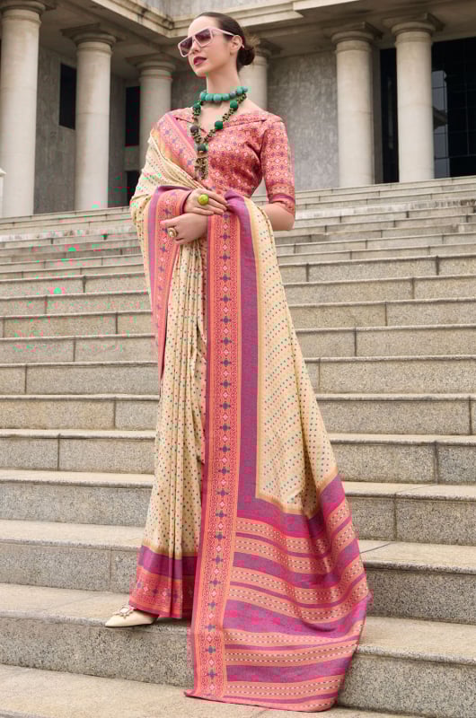 Cream Woven Banarasi Silk Saree