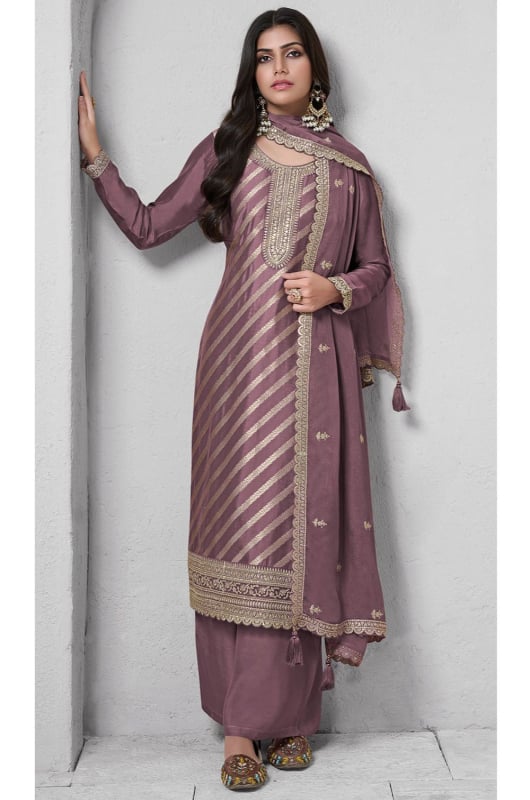 Dusty Brown Embroidered Lotus Silk Palazzo Kameez