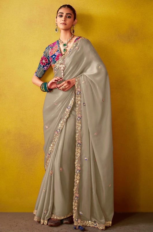 Dusty Cream Embroidered Designer Saree for Wedding